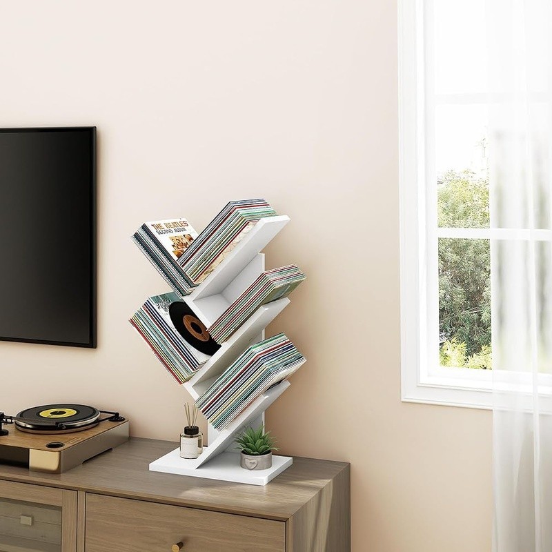 Multifunctional 4 Tier Rustic Tree Bookcase Space Saving Organizer Home Office