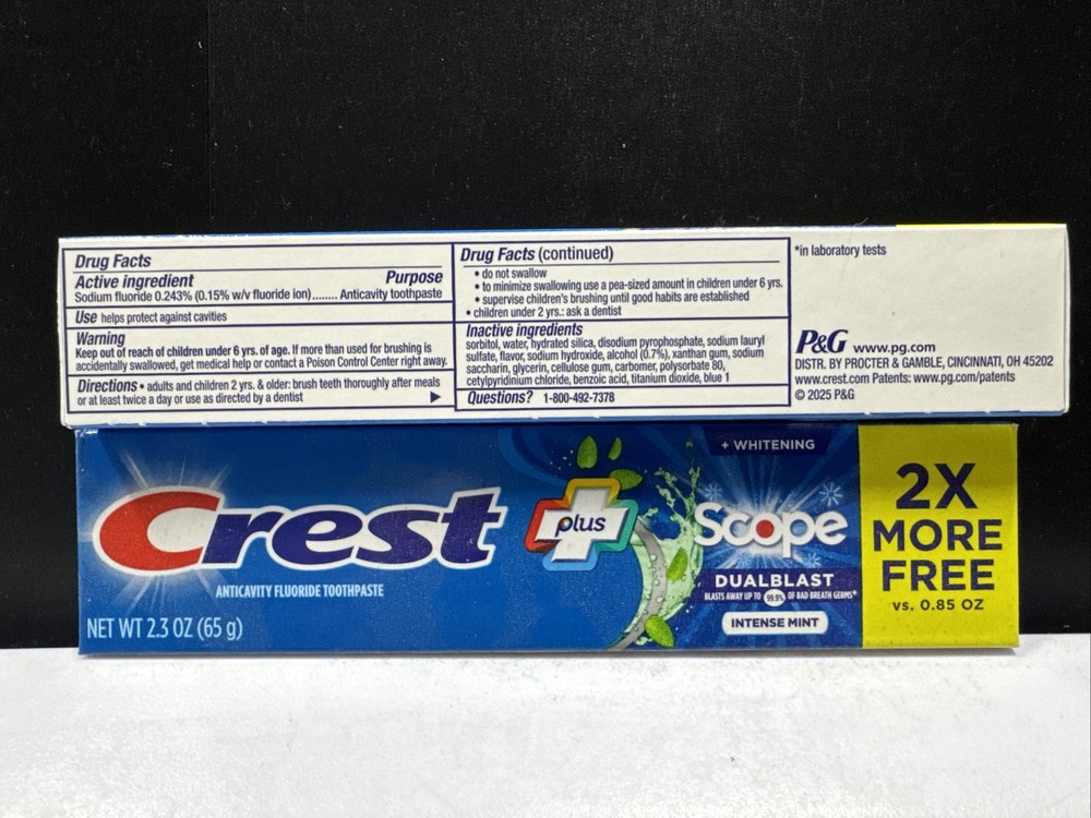 2 Pack Crest Plus Scope Dual blast Toothpaste- Intense Mint 2.3 Oz/65g-ea 6/2028