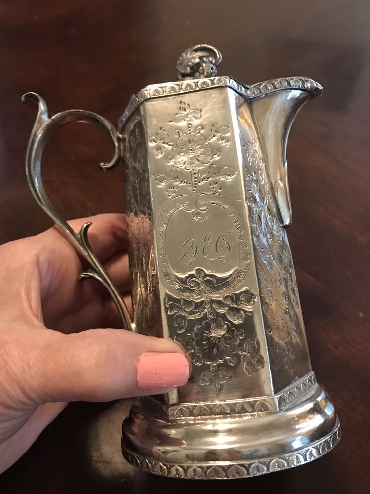 Antique Victorian Silver Plate Syrup Pitcher Engraved