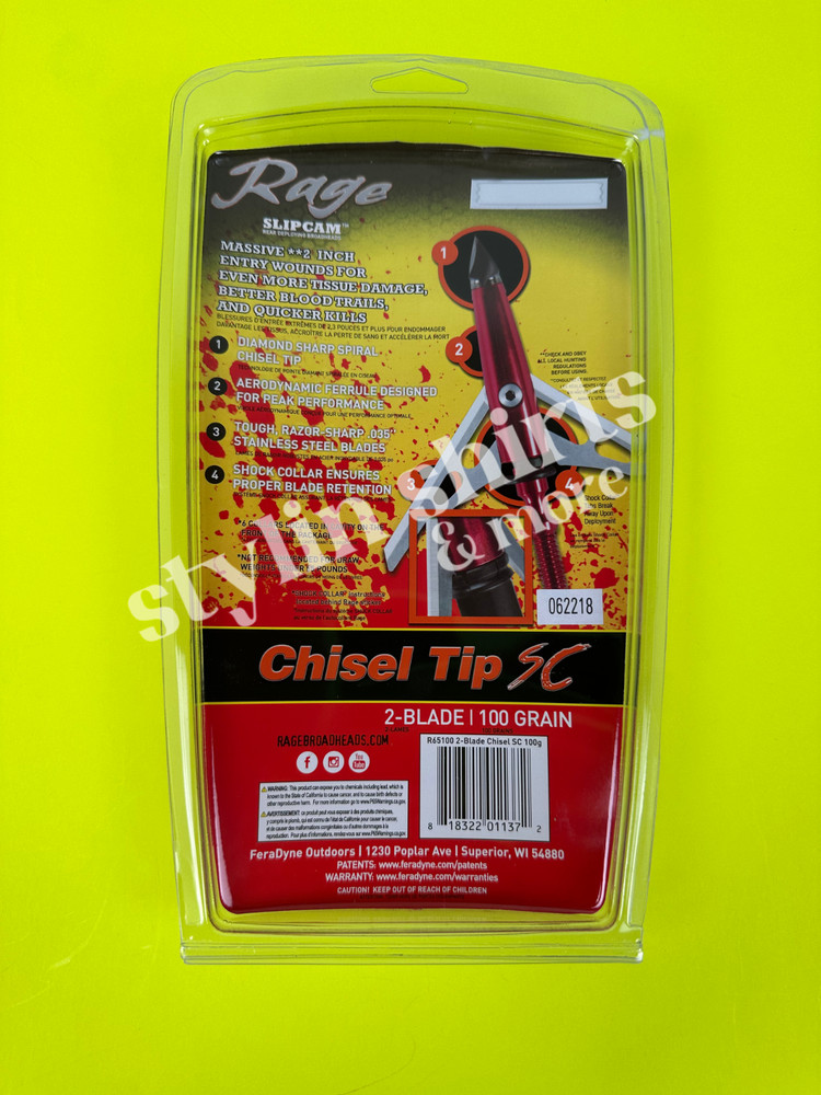 THREE Rage Slipcam CHISEL TIP SC mechanical 2 blade broadhead 100 grain 2" cut