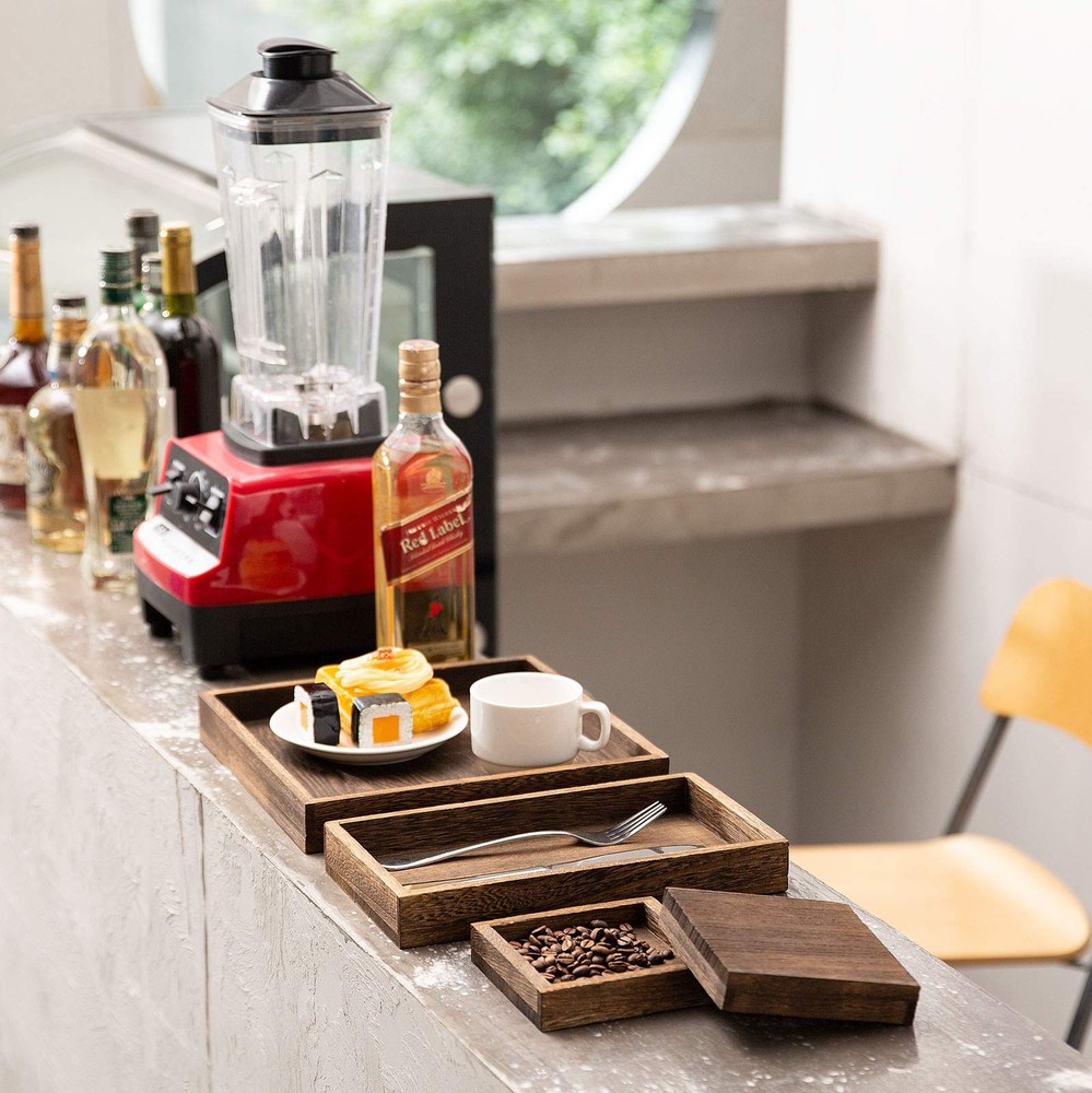 Rustic Wooden Serving Trays with Handle - Set of 7 Rectangular Platters for E...