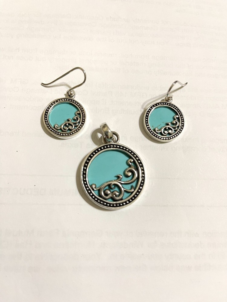 Silver Ornate Beaded Turquoise Pendant & Earring Set