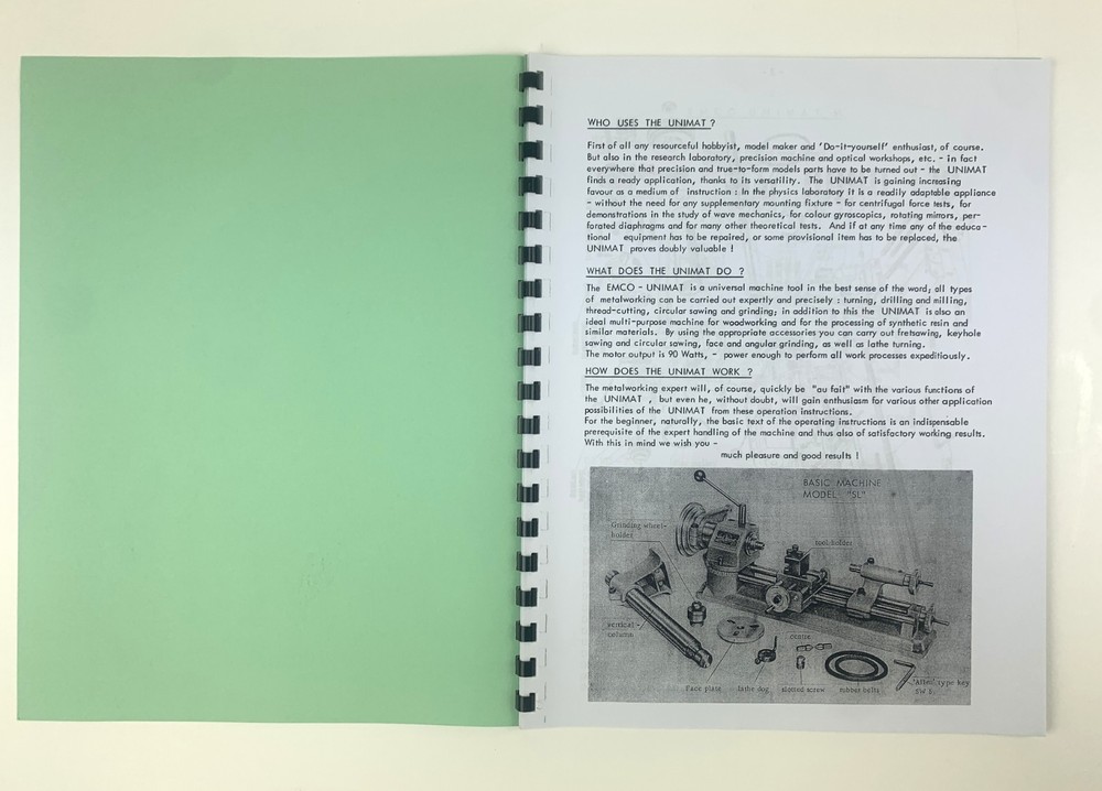 Operating Instructions for the EMCO-UNIMAT Model SL small machine tool.
