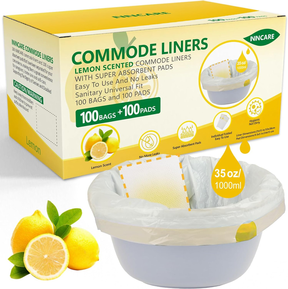 Commode Liners with Absorbent Pads for Bedside Commode, 100 Lemon Scented Bedsid