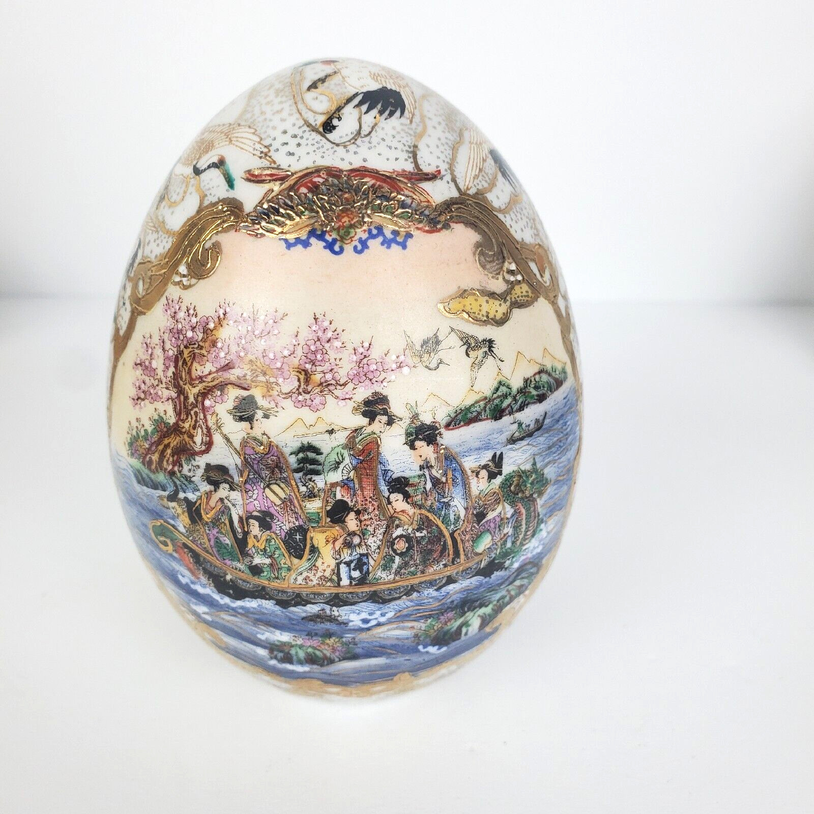 Vintage Hand Painted Satsuma Porcelain Egg Geisha Girl Birds Motif 4.5 in