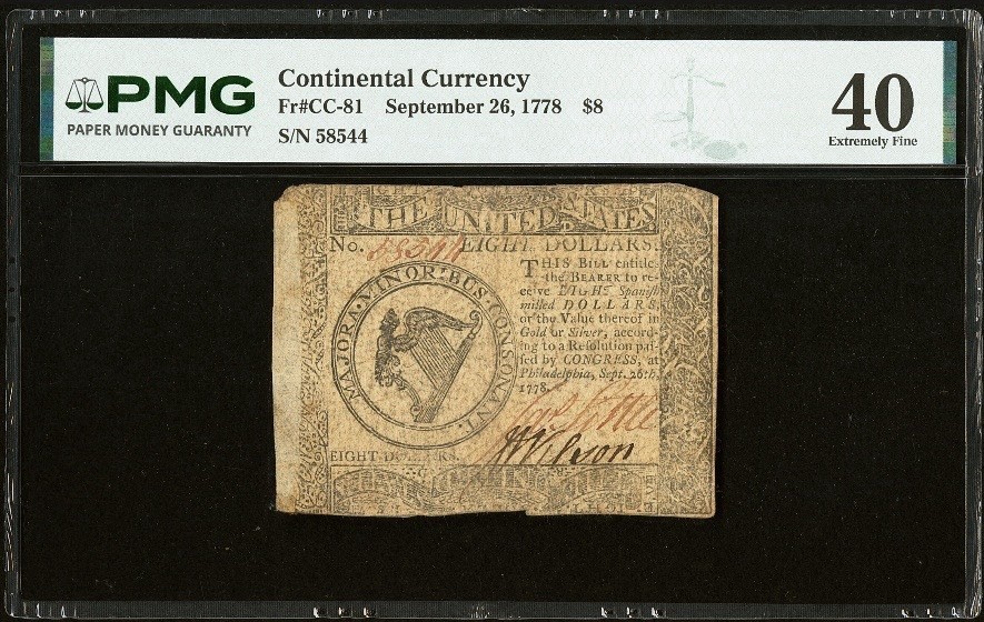 1778 American Revolution Continental Currency, Colonial Bank Note CC-81 PMG XF40