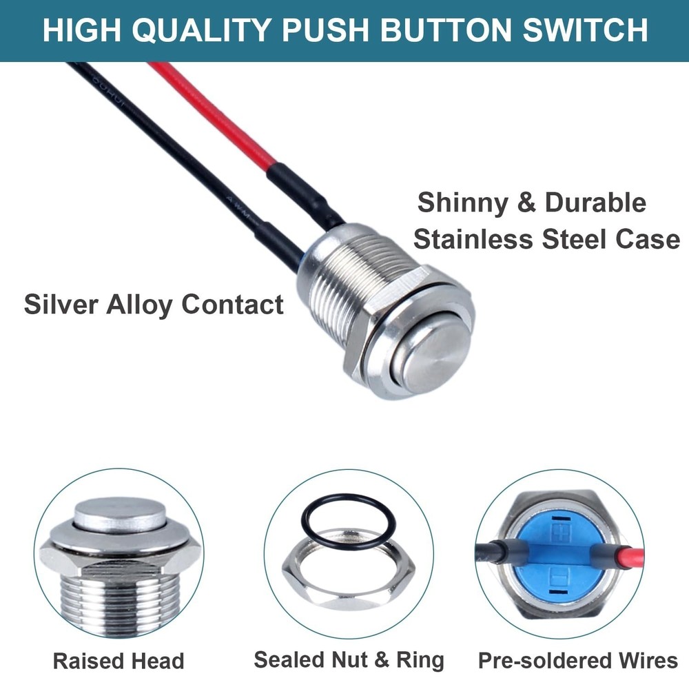 5Pcs Small Momentary Push Button 12mm Switch Waterproof Push Button Switch Round