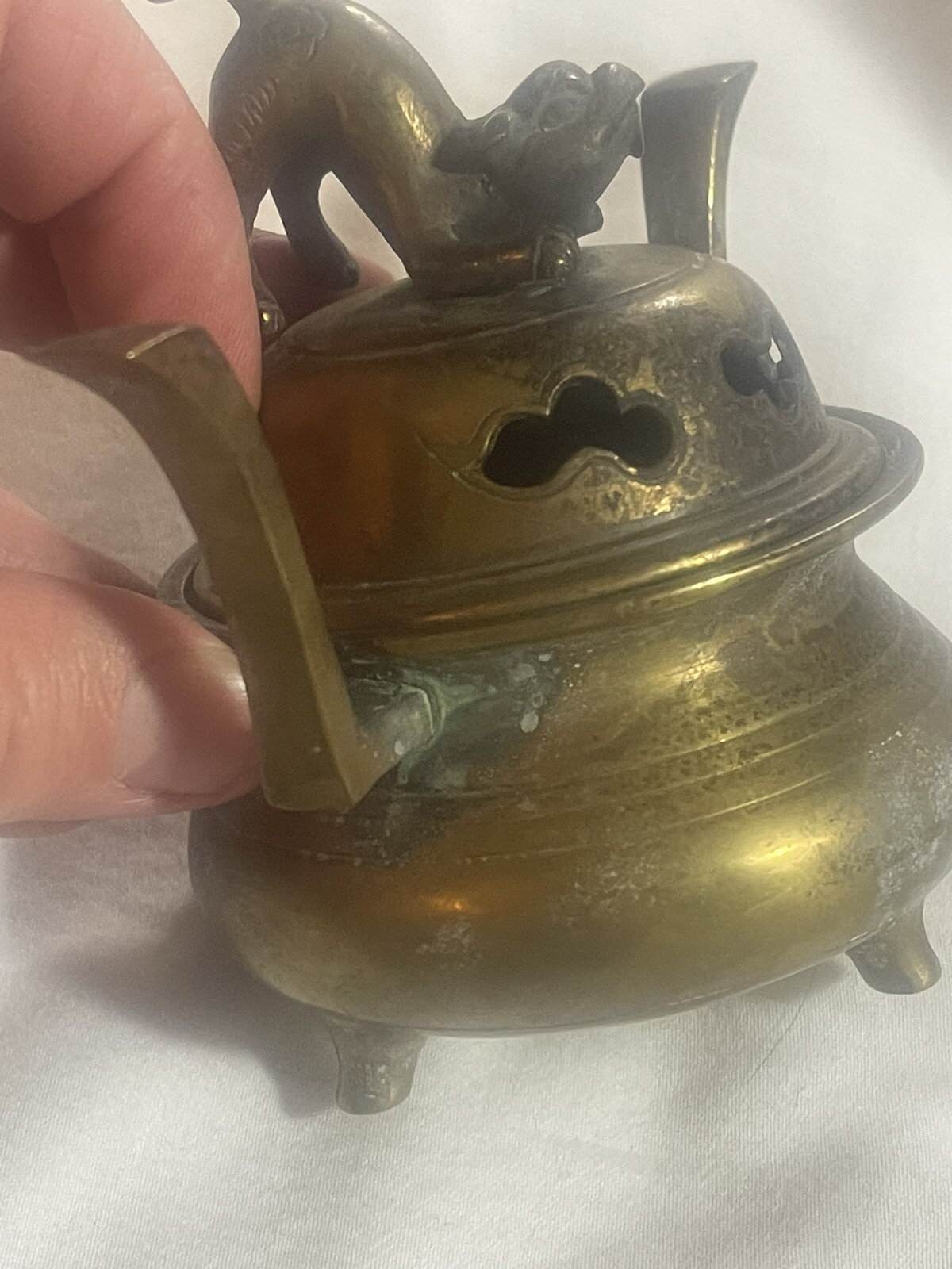 Antique Solid Brass Chinese Foo Dog Sensor Incense Burner Guardian Lion