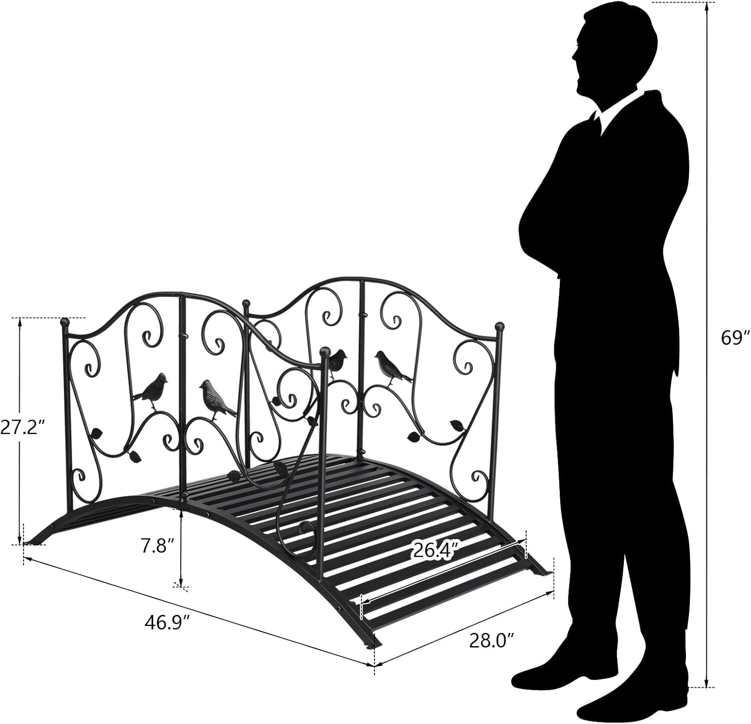 Metal Garden Bridge for Outdoor, Elegant Decorative Bridge w/ Security Guardrail