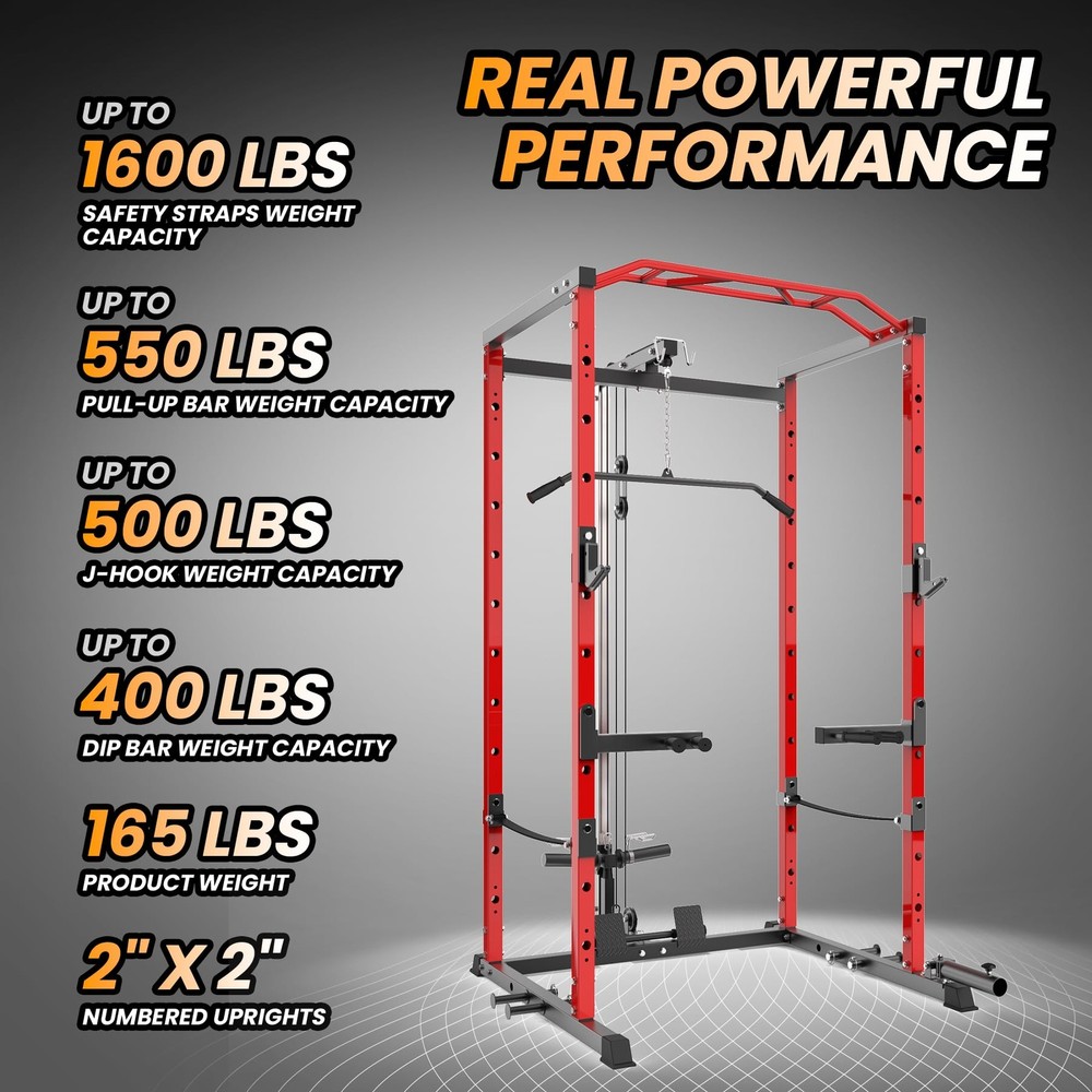 Power Cage Power Rack 1600LBS Multi-Functional Power Rack Workout w/LAT Pulldown