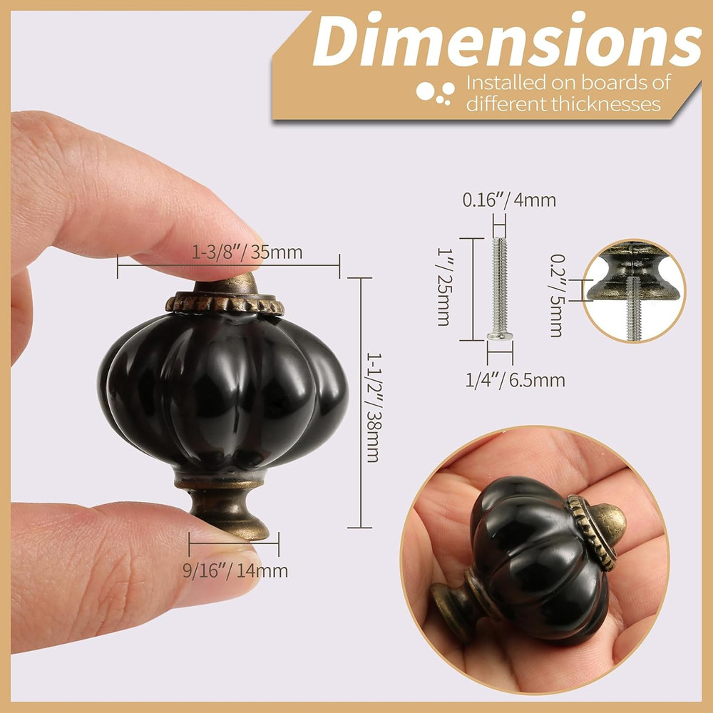 Black Pumpkin Knobs 6 Pack Ceramic Cabinet Knobs Vintage Drawer Pulls - Antique