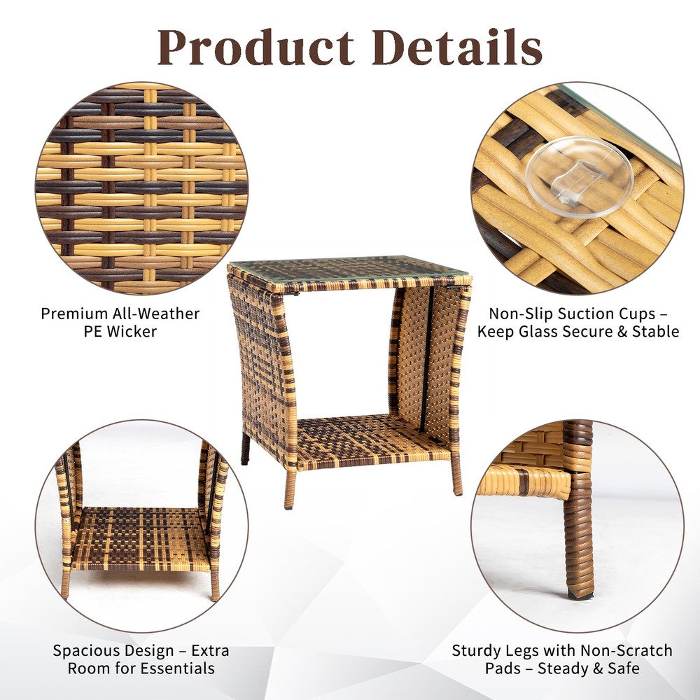 Glass Surface Yellow Gradient Iron Frame Rattan Side Table