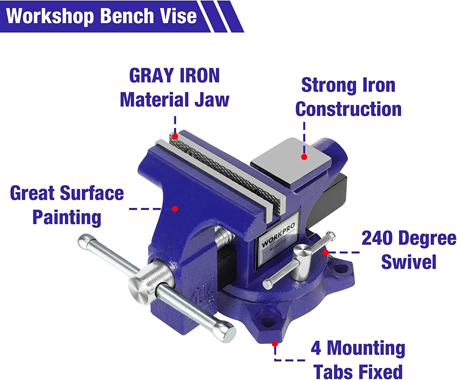 WORKPRO Bench Vise 4-1/2" Vice for Workbench, Swivel Base Bench for Woodworking