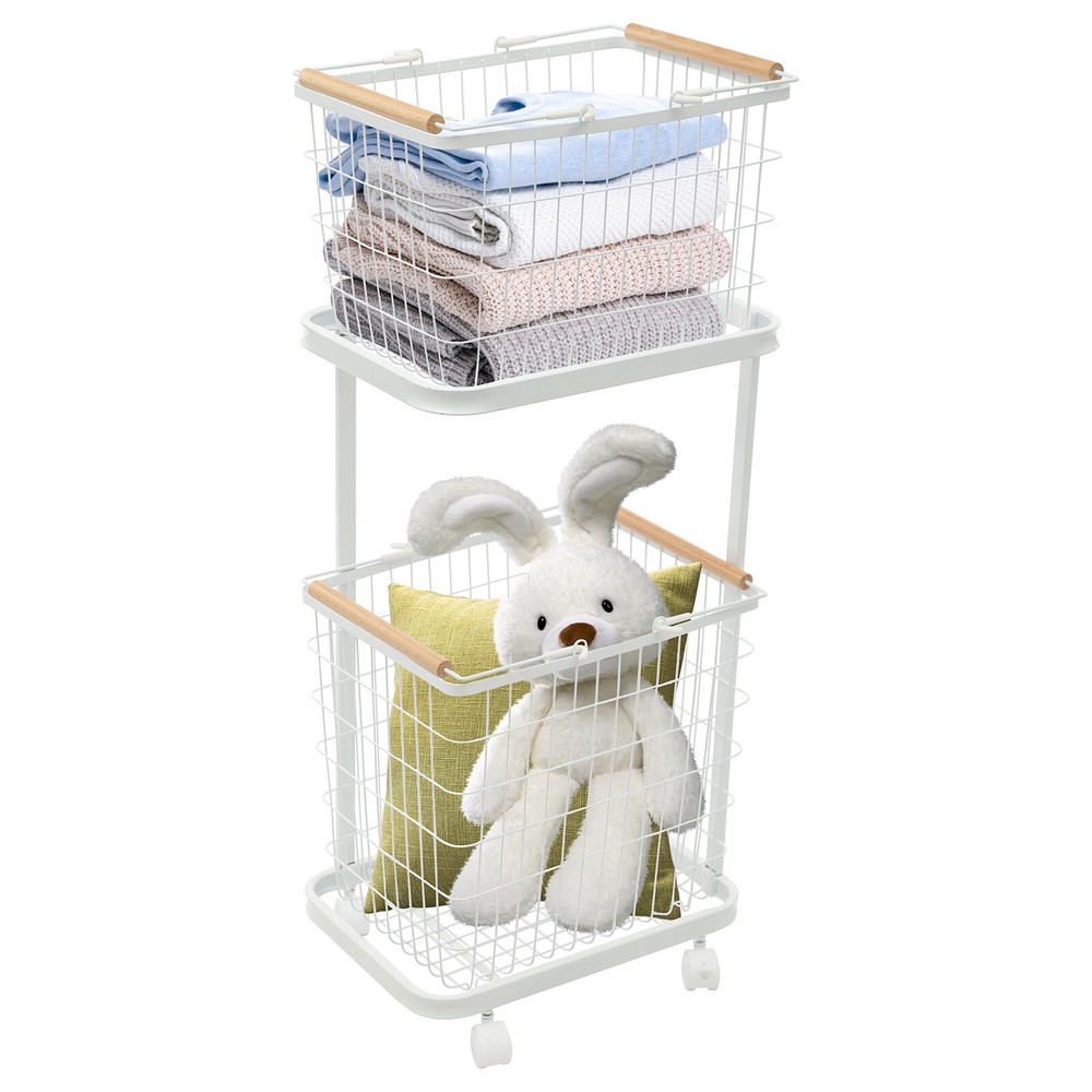 2 Tier White Laundry Basket Metal Rectangular Laundry Basket With Wheels