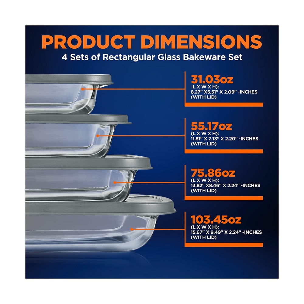 NutriChef 4 Sets Glass Bakeware - High Borosilicate Rectangular Glass Baking ...
