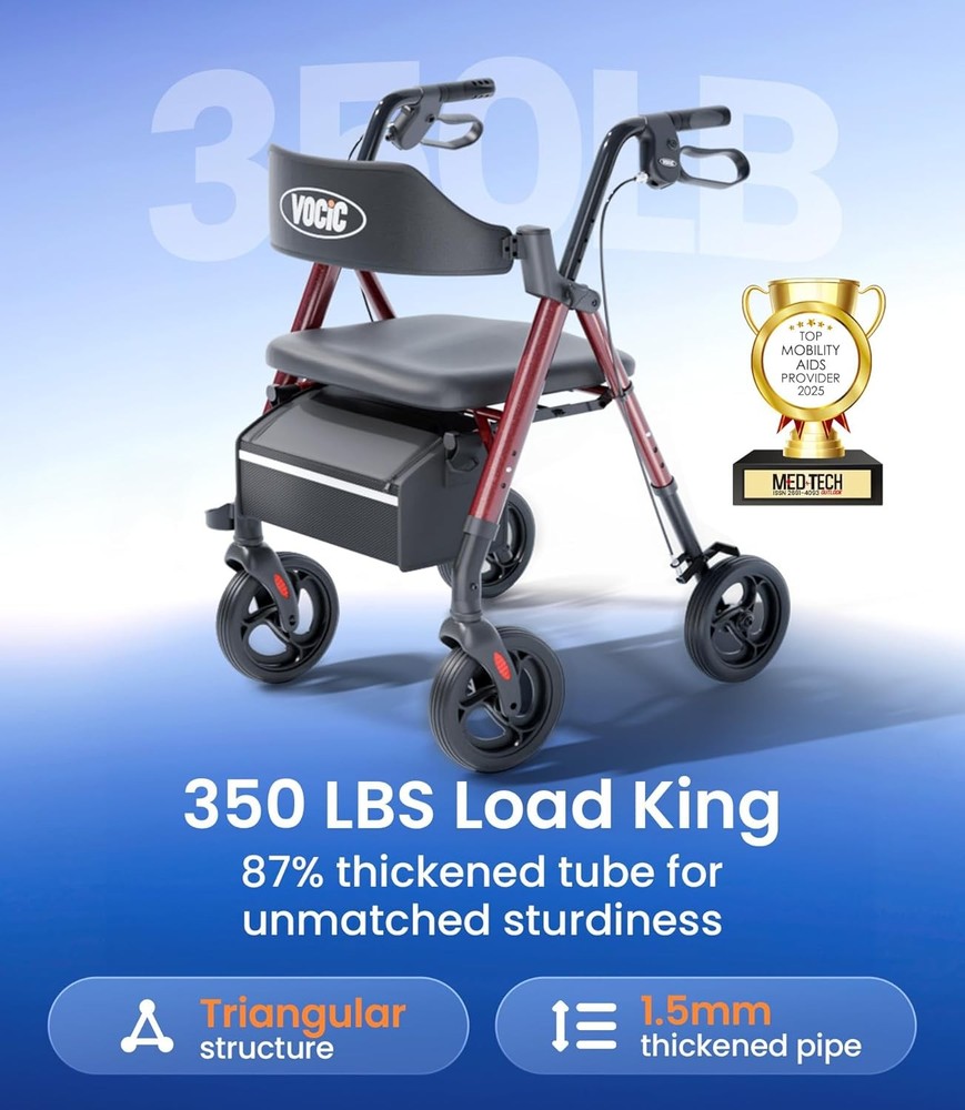 Foldable Rollator Walker Seat 350lb 8" Wheels Adjustable Backrest Support