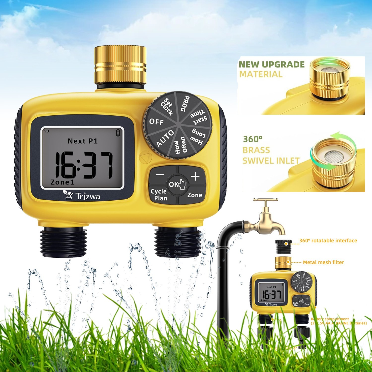 2-Zone Programmable Sprinkler Timer Outdoor with Brass Swivel for Garden Hose