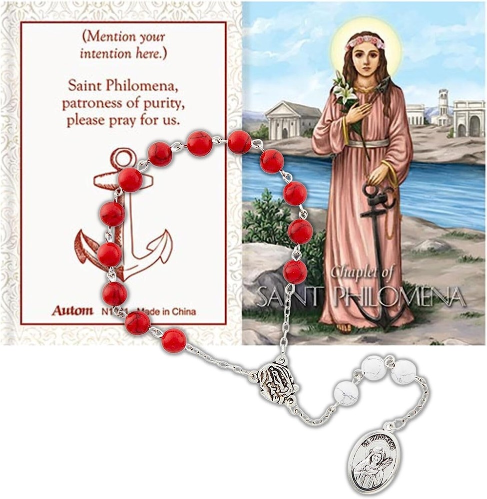 Silver Tone and Red Bead St Philomena Intention Chaplet Prayer Card Set 9 In