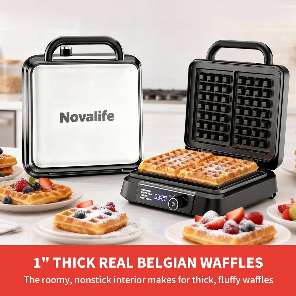 Waffle Maker, 1200W Belgian Waffle Maker, Dual Rectangular Thick Waffle Iron, 7-