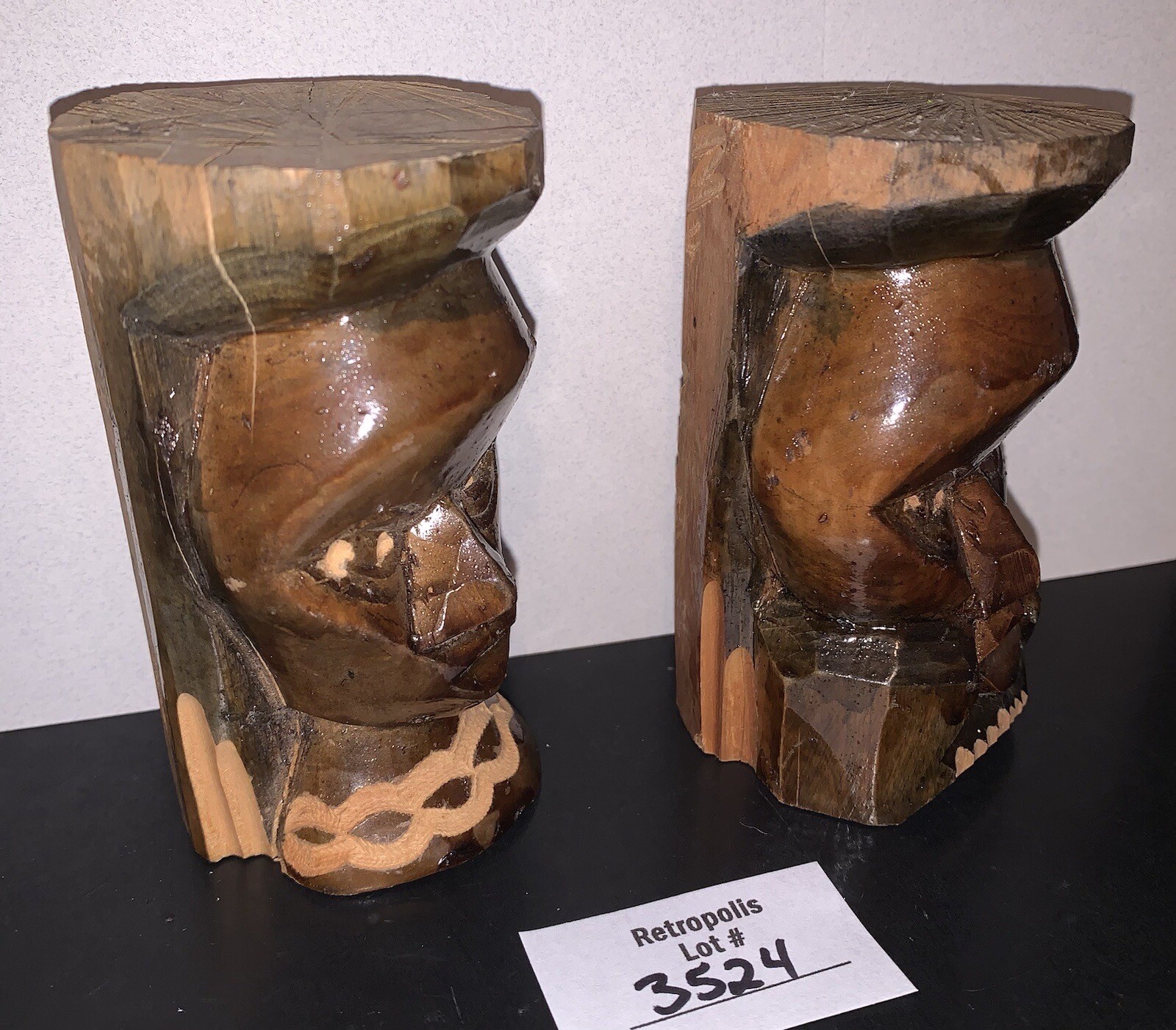 VTG Tribal Wood Totem Head Busts Male Female Hand Carved signed