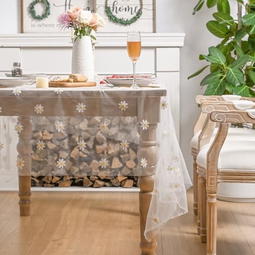 Embroidery Daisy Spring Summer Gauze Tablecloth 60"×84" (Rectangular) White