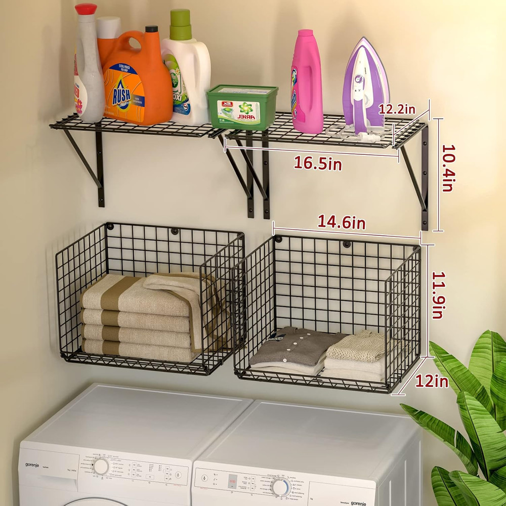 2 Pack Wall Mounted Laundry Shelves with Hooks & Wire Baskets, Black