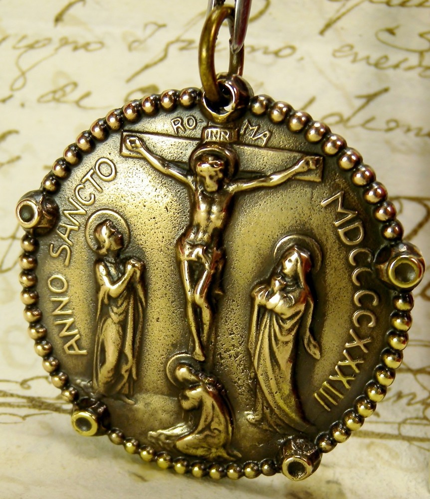RARE WWII Chaplains Complete Catholic Rosary Fob 1933 Jubilee Year Bronze Medal
