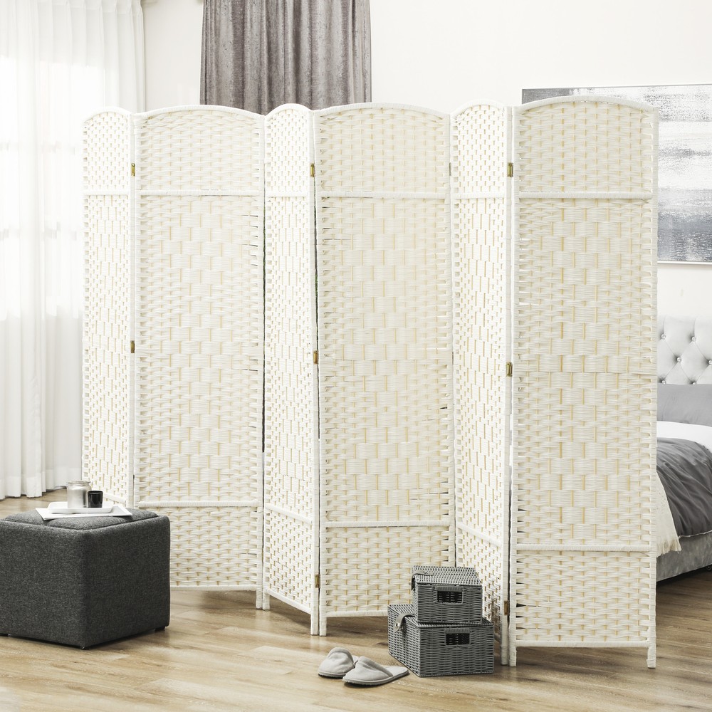 6 Panel Room Divider Hand-Woven Freestanding Partition, White