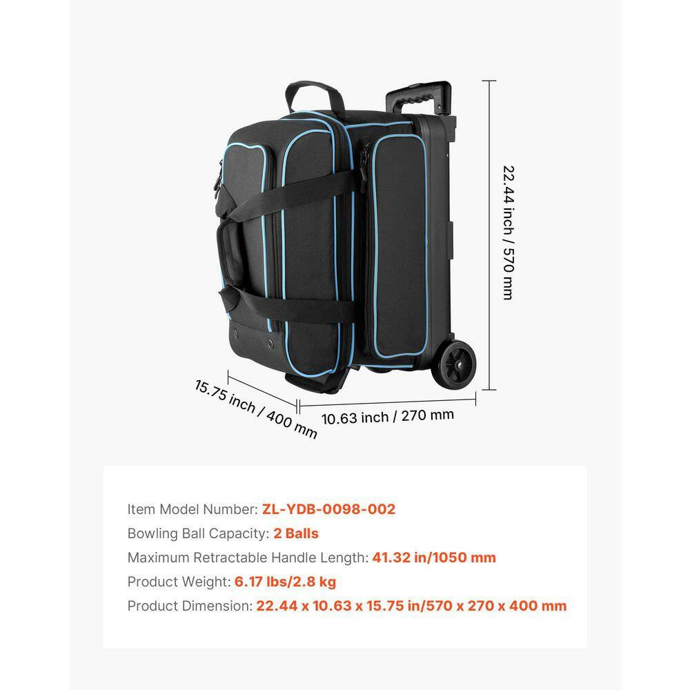 2 Ball Double Roller Bowling Bag with Wheels, Featuring a Separate Compartment f