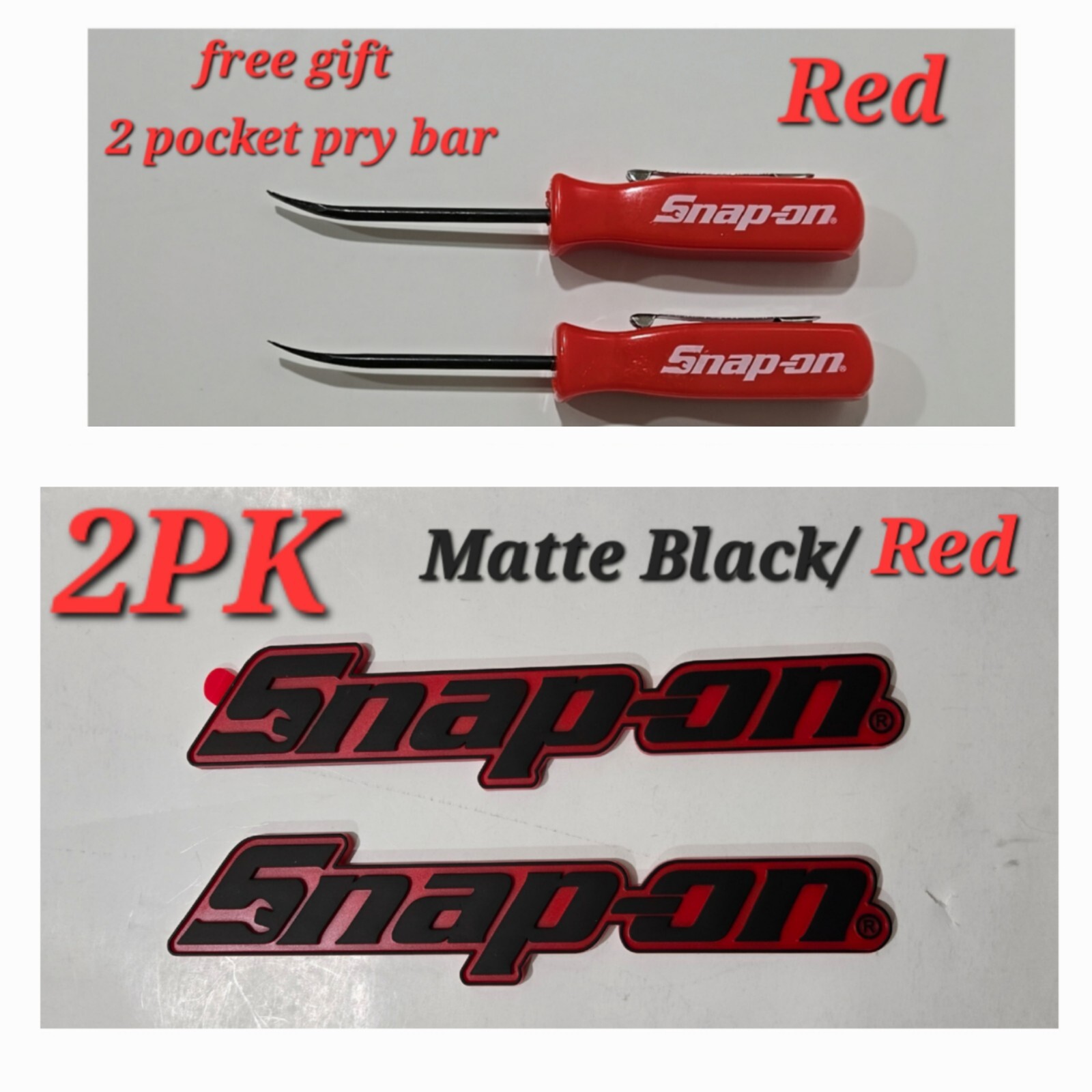 2PK SNAP ON TOOL BOX LOGO EMBLEM MATTE RED Plastic Badge Decal 8" NW+ 2 Prybars!