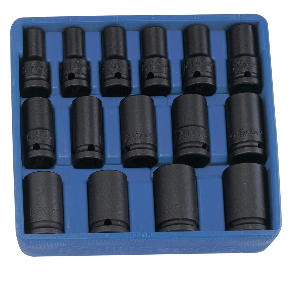 Genius Tools 15 Piece 1/2" Dr. Metric Semi-Deep Thin Wall Impact Socket Set (...