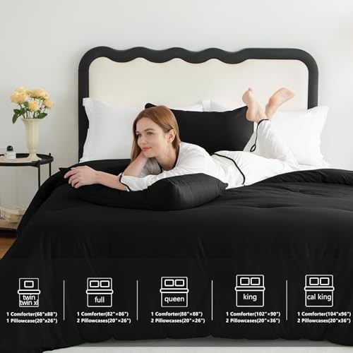 CozyLux Comforter Set 3 Pieces Solid Comforters Size Breathable Queen Black