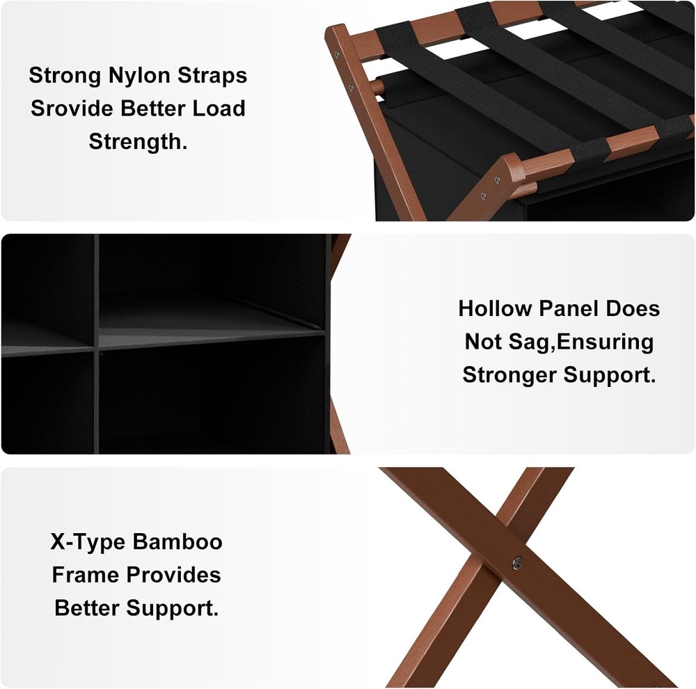 Bamboo Luggage Rack Foldable Suitcase Stand with 4 Storage Compartments
