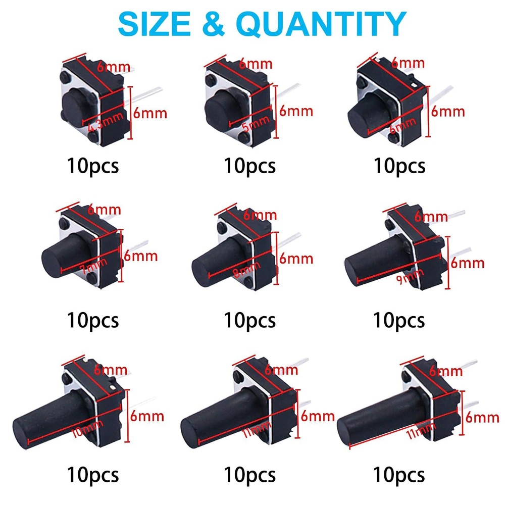 TWTADE 90PCS 2 Pin Tactile Switch Micro Momentary Tact Push Button Switch...