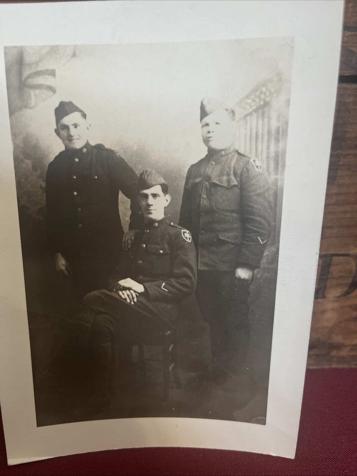 Original World War I Photograph Three Soldiers 79Th Division Patches 5 X 7