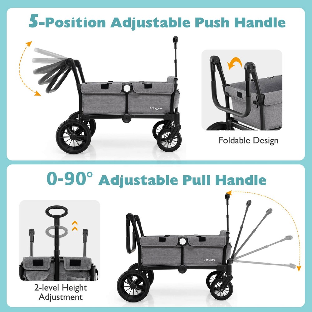 Wagon Stroller for 2 Kids Push Pull Double Stroller with Adjustable Handle