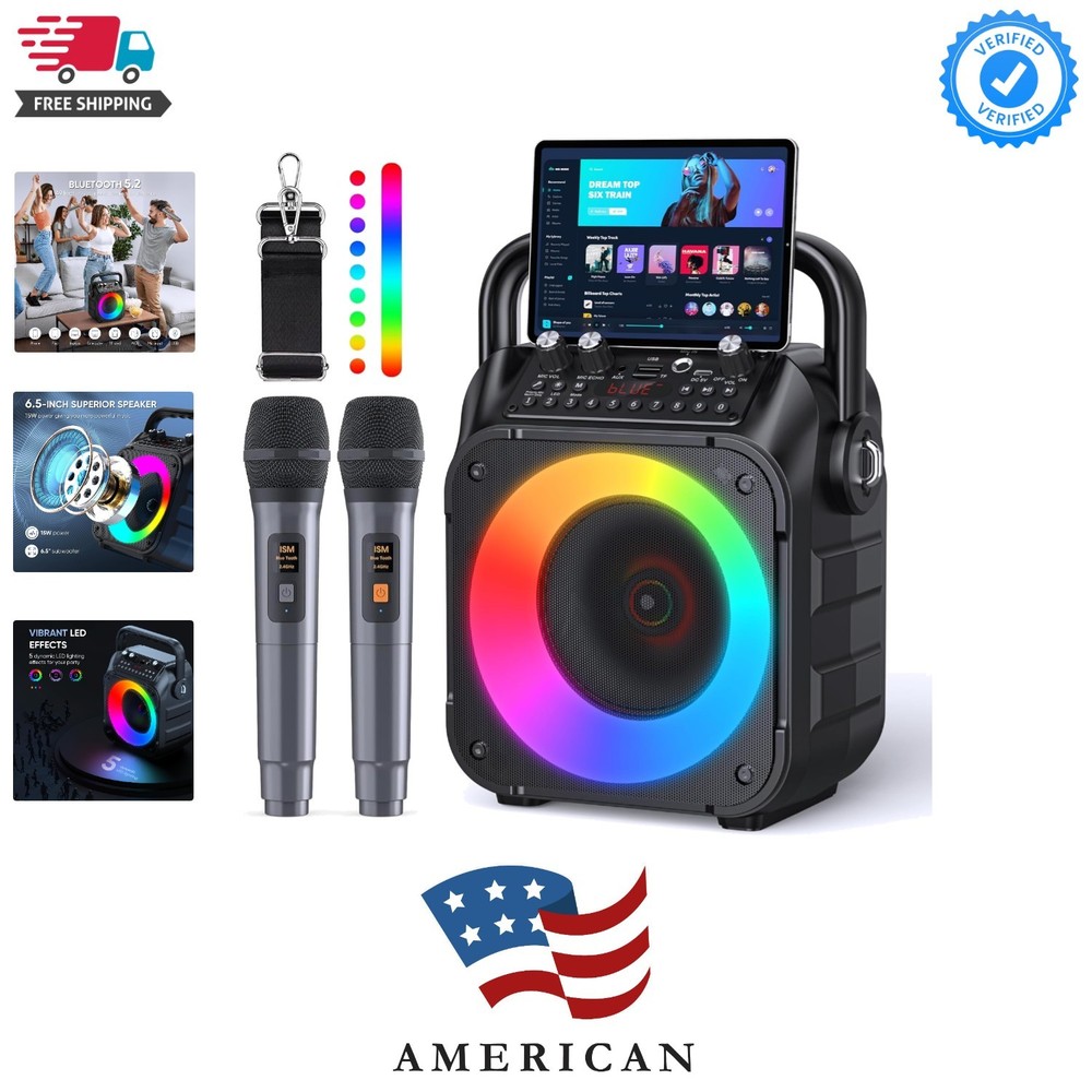 Karaoke Machine, Portable Bluetooth Speaker with 2 Wireless Microphones for A...