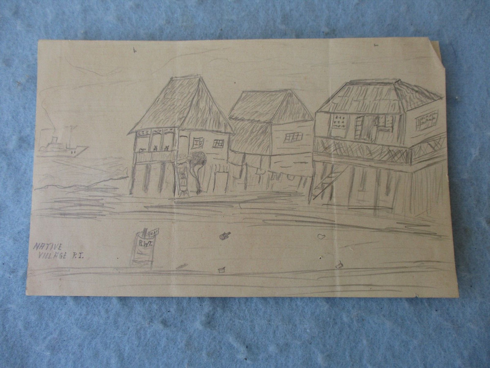 WWII US Army Pencil Drawing Native Village Philippine Islands GI Soldier Art WW2