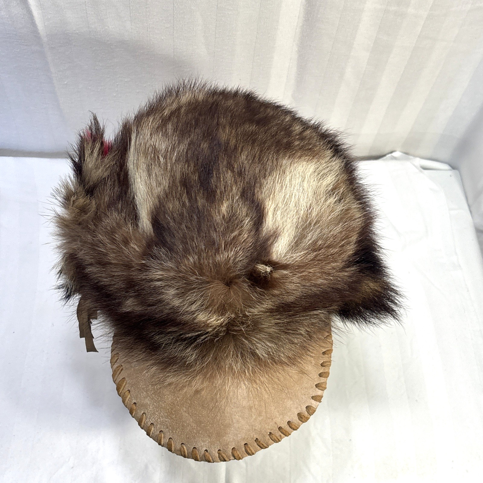 Custom Native American Racoon fur hat with Leather Brim + Beaded Accents Size M