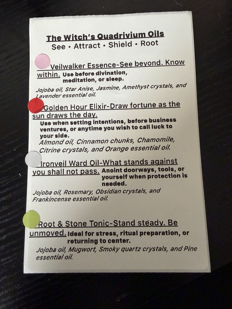 The Witch’s Quadrivium Oils- Attract • Shield • Root • See