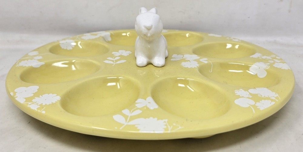 Yellow White Floral Bunny Rabbit Deviled Egg Plate Dish Server 8 Eggs Easter