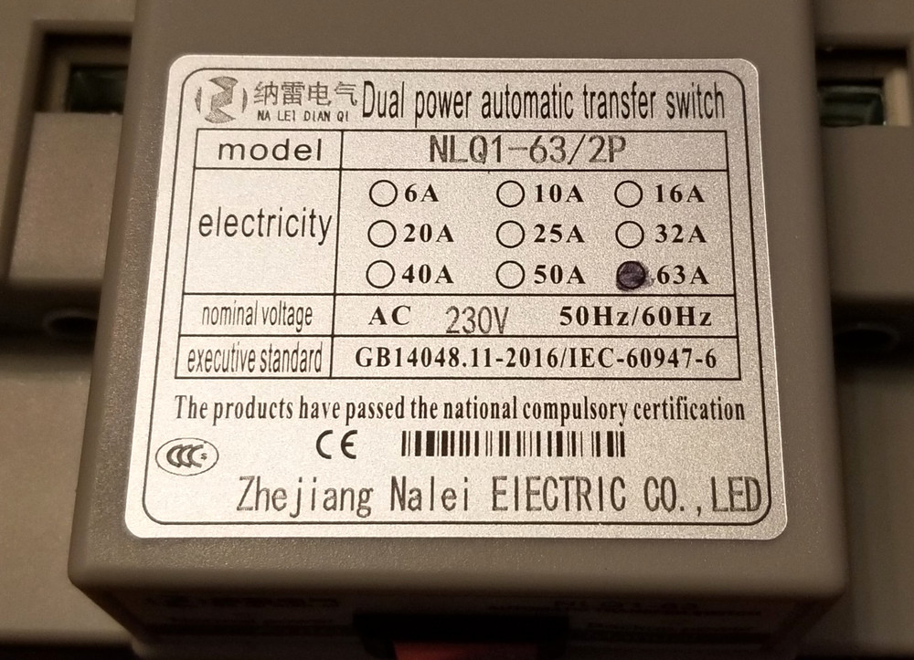 NLQ1-63 Automatic Transfer Switch *BLACK CORNER FRAME IS DENTED* SEE PICS*