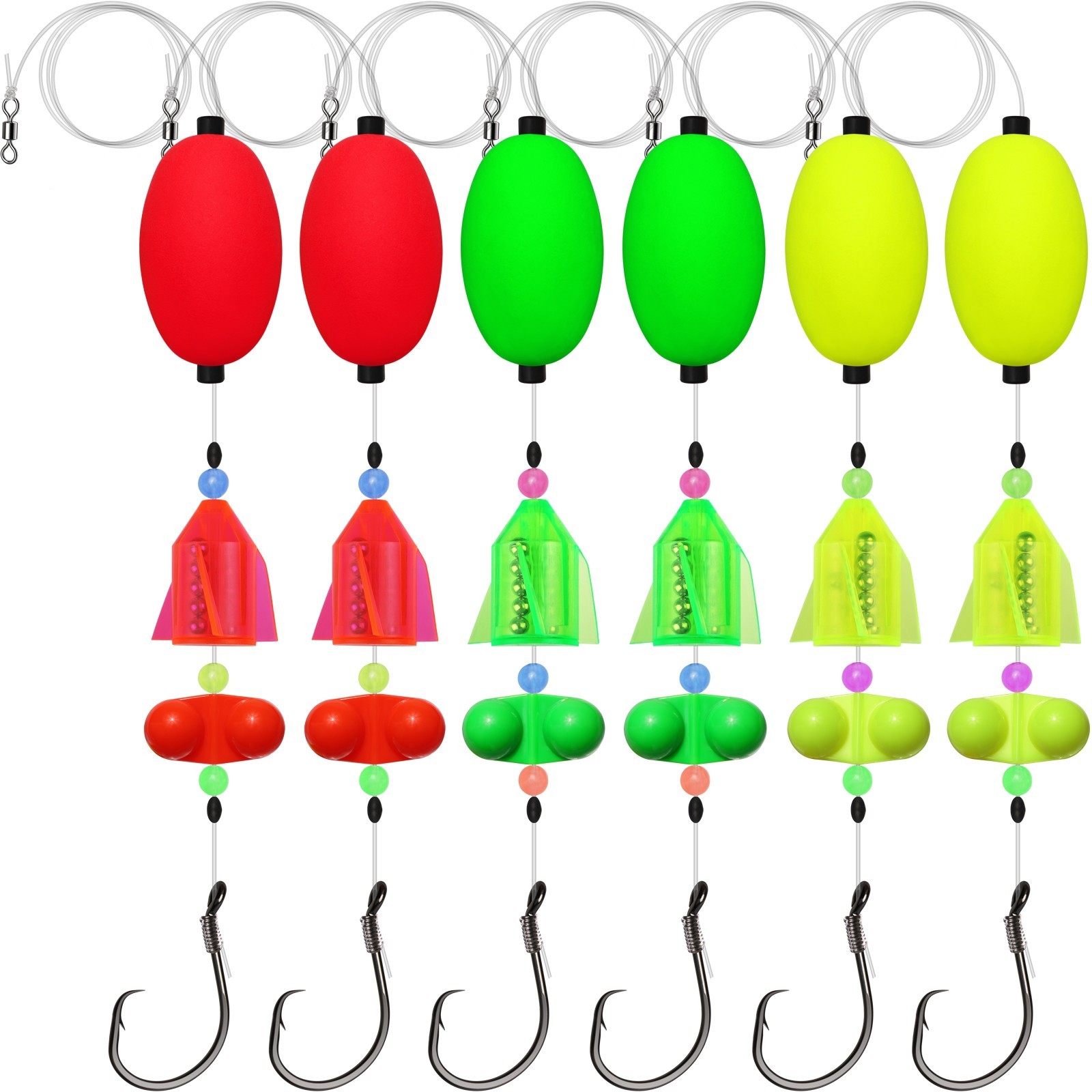 Dovesun 6PCS Catfish Rigs with Oval Float, 6/0 Hook, Double Rattle Beads & Bells