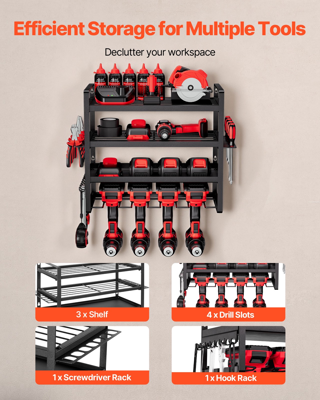VEVOR Power Tool Organizer Wall Mount 4-Layer Drill Storage Rack 4 Drill Holders