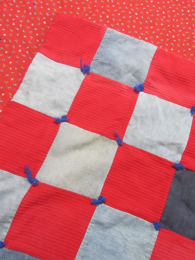 VTG Patchwork Denim Jean Comforter Quilt FULL 73”x 62” Blanket Red Blue Patch