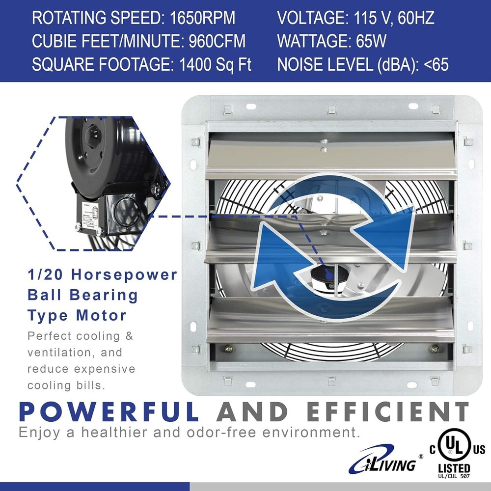 Powerful 960 CFM Wall Mounted Exhaust Fan with Variable Speed & Thermal Control