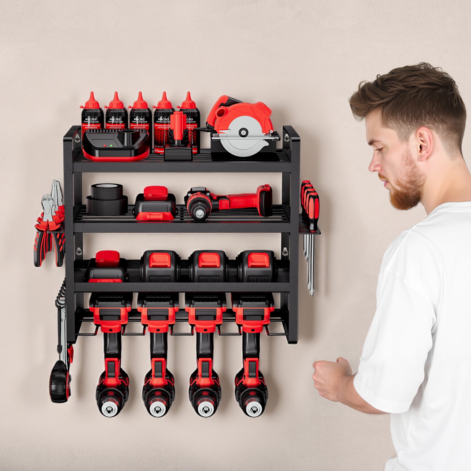 VEVOR Power Tool Organizer Wall Mount 4-Layer Drill Storage Rack 4 Drill Holders