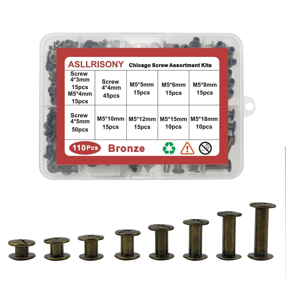 110 Sets Bronze Chicago Screws Assorted Kit, 8 Sizes, Flat Head Leather Rivets