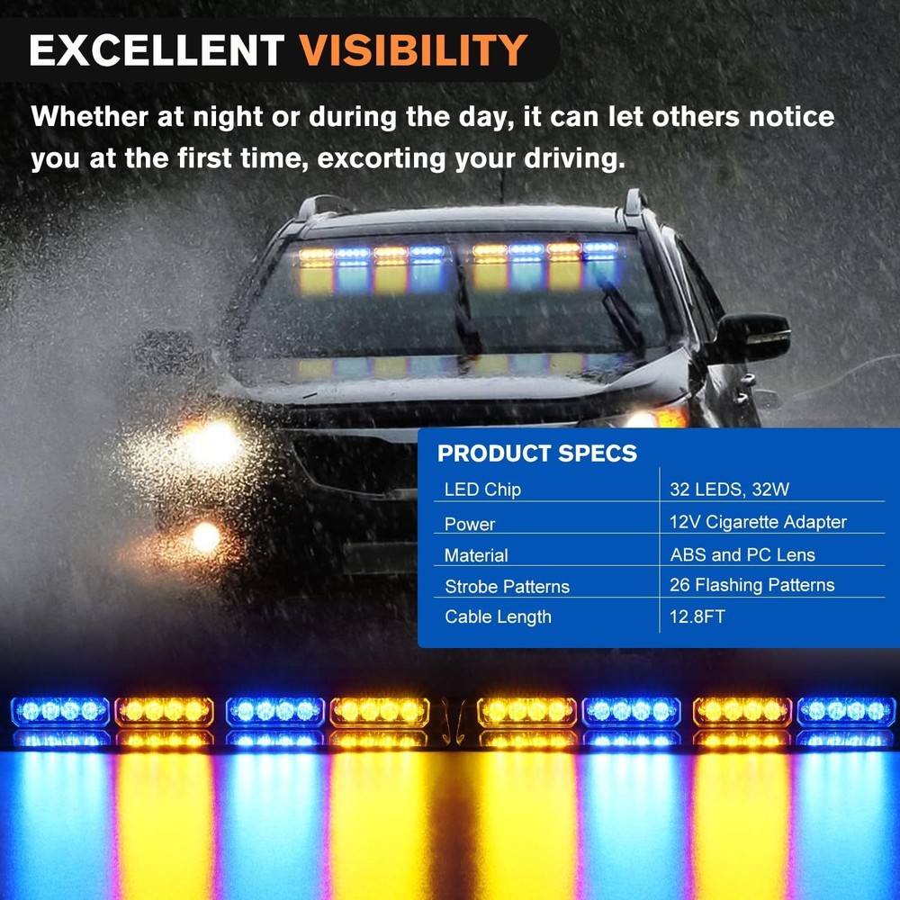 Nilight 32LED Amber Blue Emergency Dash Strobe Lights with Controller Suction...