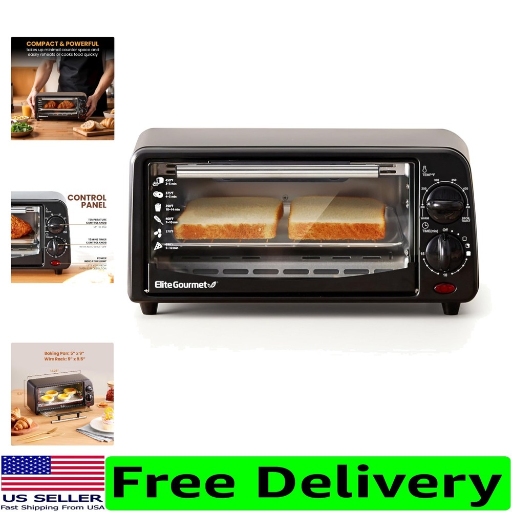 Sleek Black Toaster Oven: 2-Slices with 15 Min Timer & Adjustable Temp Settings